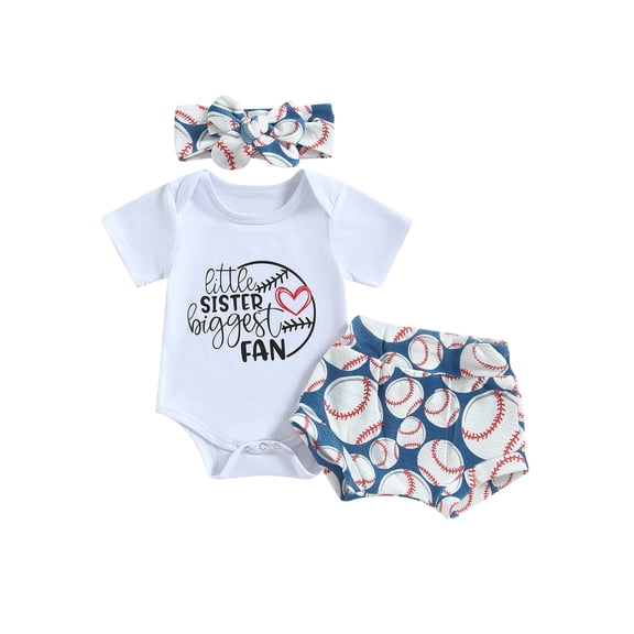LMLYSoH Baby Girls Summer Outfit Sets White Short Sleeve Letter Romper Baseball Print Shorts Headband