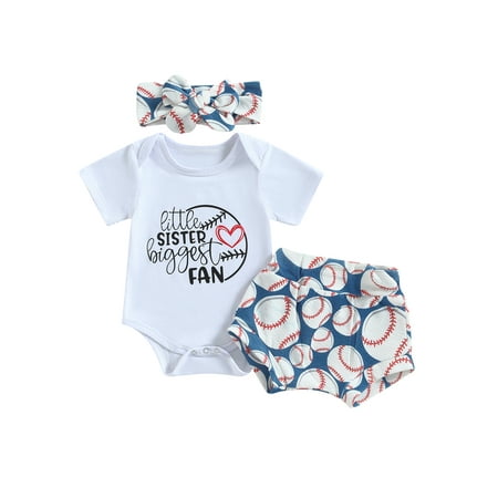 

Infant Baby Girl Boy Baseball Outfit Short Sleeve Little Sister Biggest Fun Romper Shorts Headband Summer Clothes