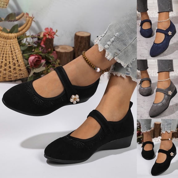 FRSASU Womens Mary Jane Flats Floral print with Strap,Faux Suede Flats Shoes, Dressy Comfortable Ballet Flats Gray