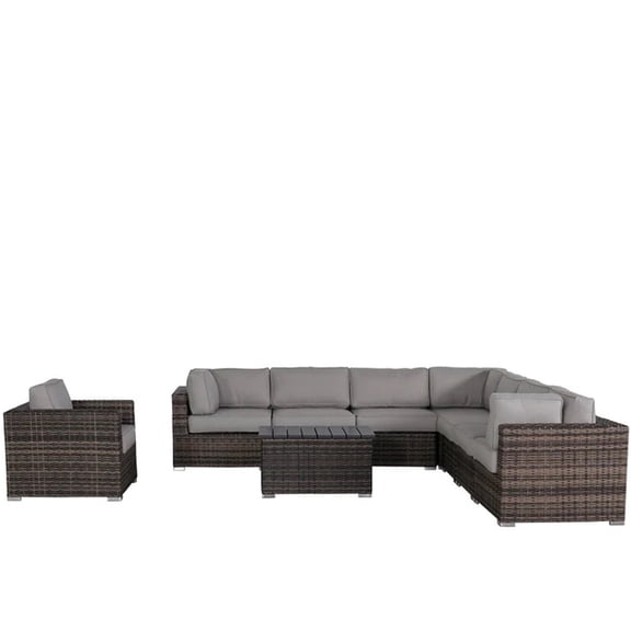 JERFIT 7-Person Outdoor Patio Sectional Sofa Set with Table & Cushions, All-Weather PE Rattan, Dark Brown & Gray