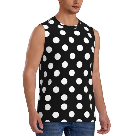 Picia Black and White Polka Dot mens Cotton Tank Undershirts , Moisture-wicking Ribbed Tanks, Lightweight Cotton Tank Undershirts-Small