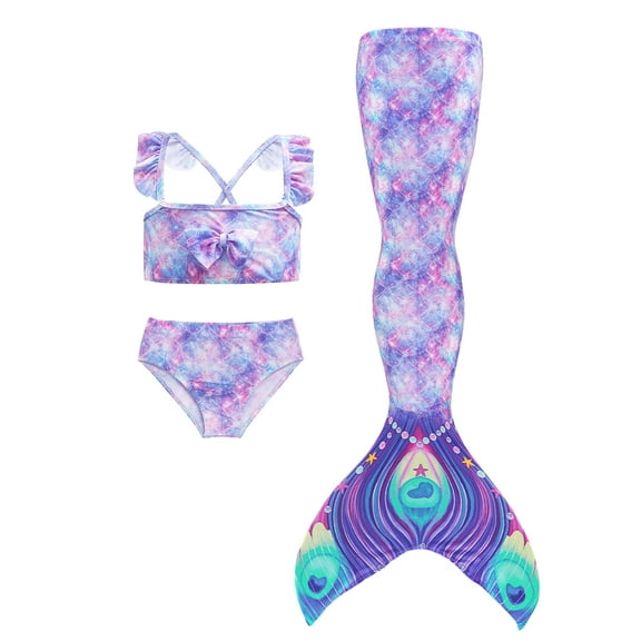 Girl Mermaid Three Piece Swimsuit Girl Peacock Swimsuit Performance Dress Fish Tail