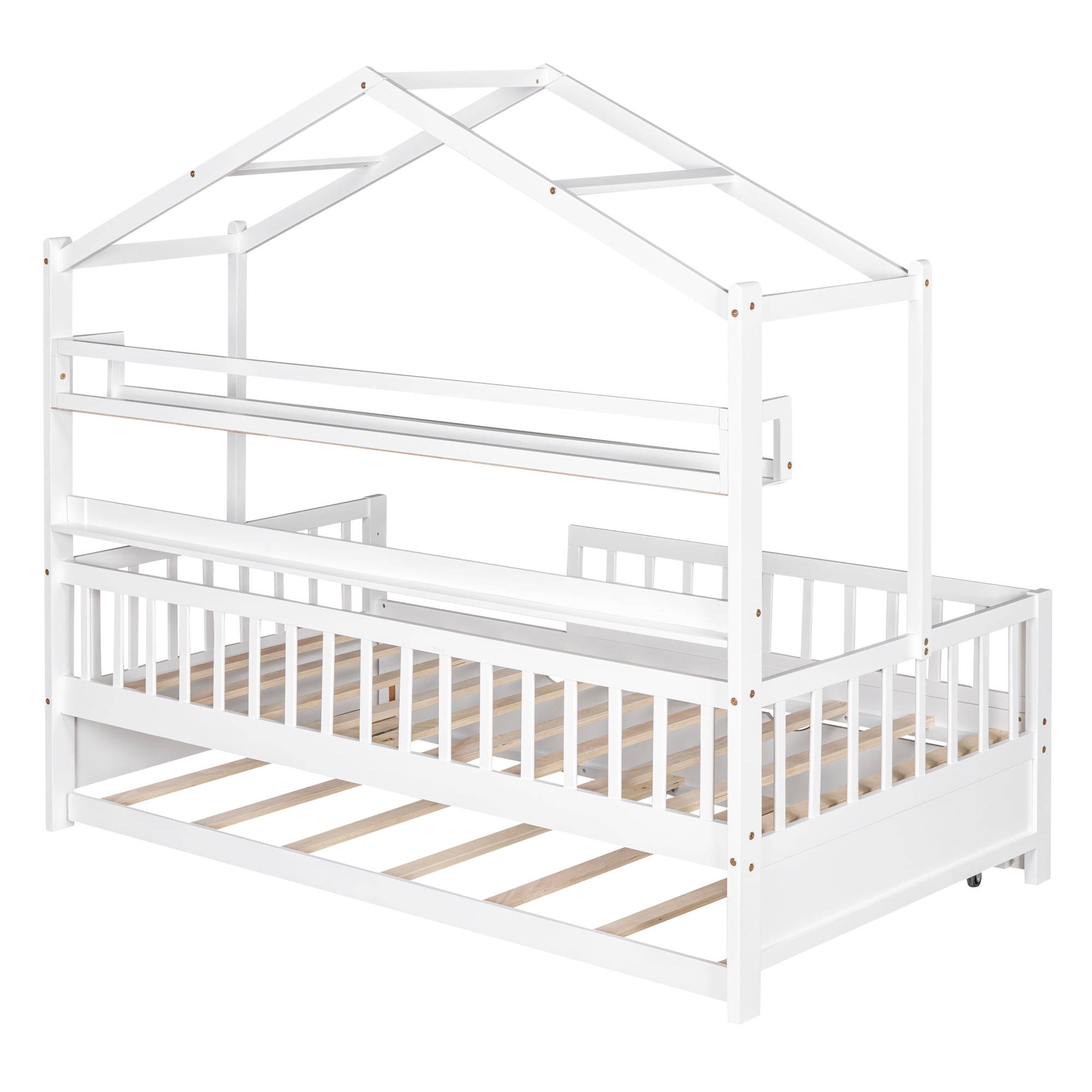 Harper & Bright Designs Twin Size House Bed with Trundle and Storage Shelves, Platform Bed with Fence Rails Wood Playhouse Tent Bed Frame for Girls Boys, White