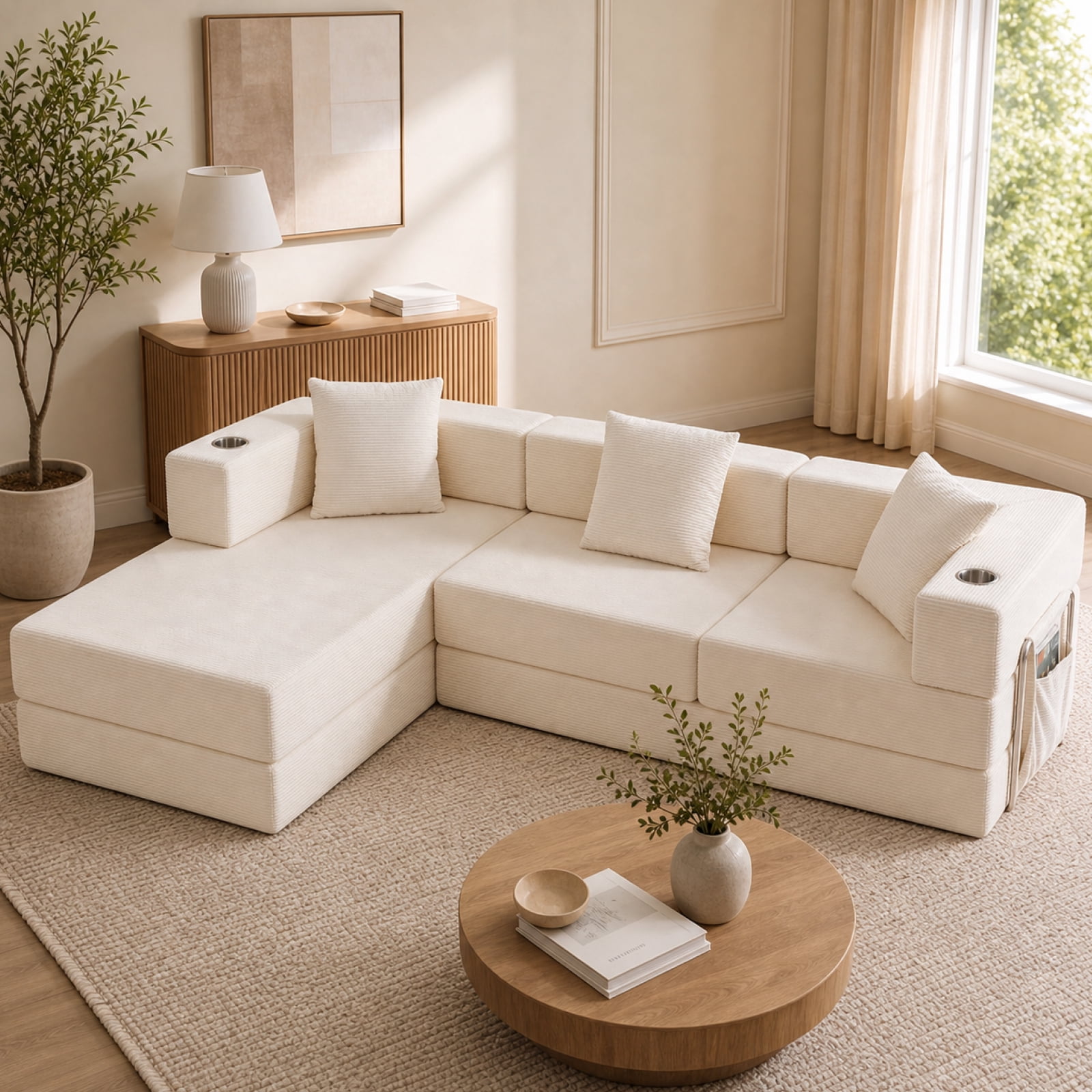 Garitin Sectional Sofa and Modular L Shape Cloud Couch 108 Inch, Boneless Deep Seat Corduroy Living Room Furniture, White