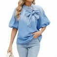 thumbnail image 3 of Camisa Vaquera de Cuello Alto con Botones y Lazo para Mujer, Mangas Abullonadas Elásticas, Corte Holgado, Top Corto de Mezclilla. Azul XL, 3 of 10