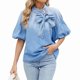 thumbnail image 3 of Camisa Vaquera de Cuello Alto con Botones y Lazo para Mujer, Mangas Abullonadas Elásticas, Corte Holgado, Top Corto de Mezclilla. Azul M, 3 of 10