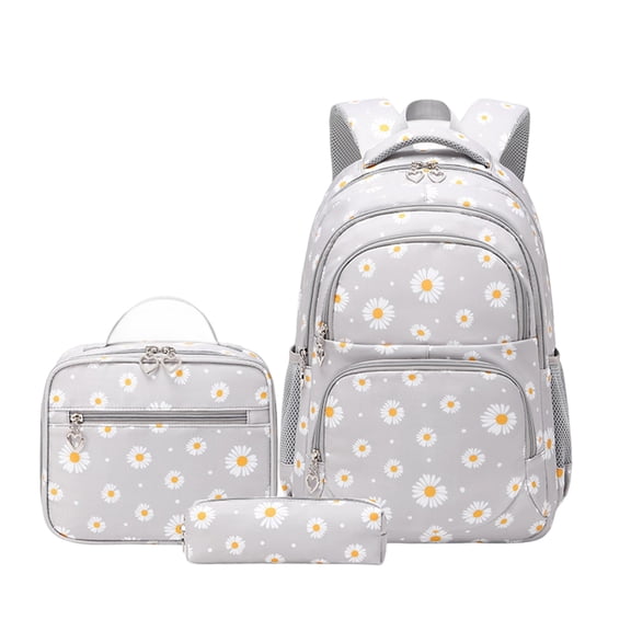 Girls Backpack Set with Lunch Box & Pencil Case, Floral Print Girls School Backpack for Elementary/Middle/High School (Gray)