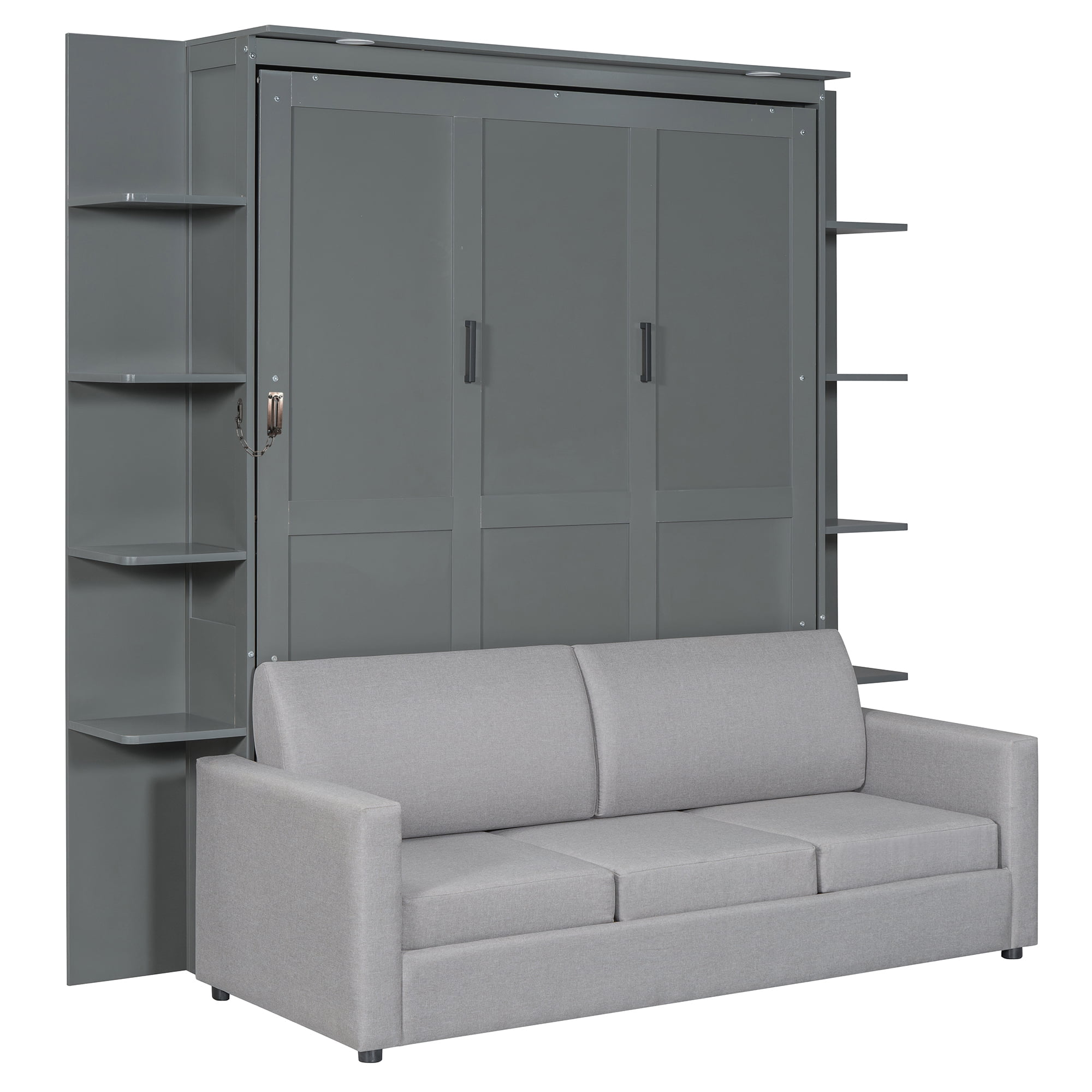 Mintazer Queen Murphy Bed with Sofa & Side Shelves, Modern Foldable Wall Bed with LED Lights for Bedroom Apartment Guest Room, Gray