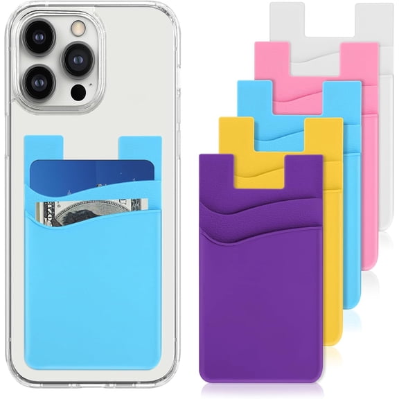 5 Pack Card Holder for Phone Case: Silicone phone wallet stick-ons with double pockets for cards.