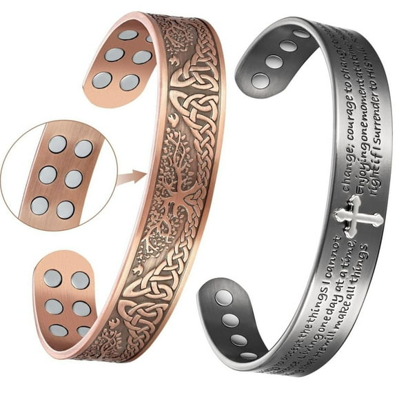 Wollet 18X Copper Magnetic Bracelet for Men Women, Silver Cross& Life Tree Design, Cuff Copper Jewelry Set