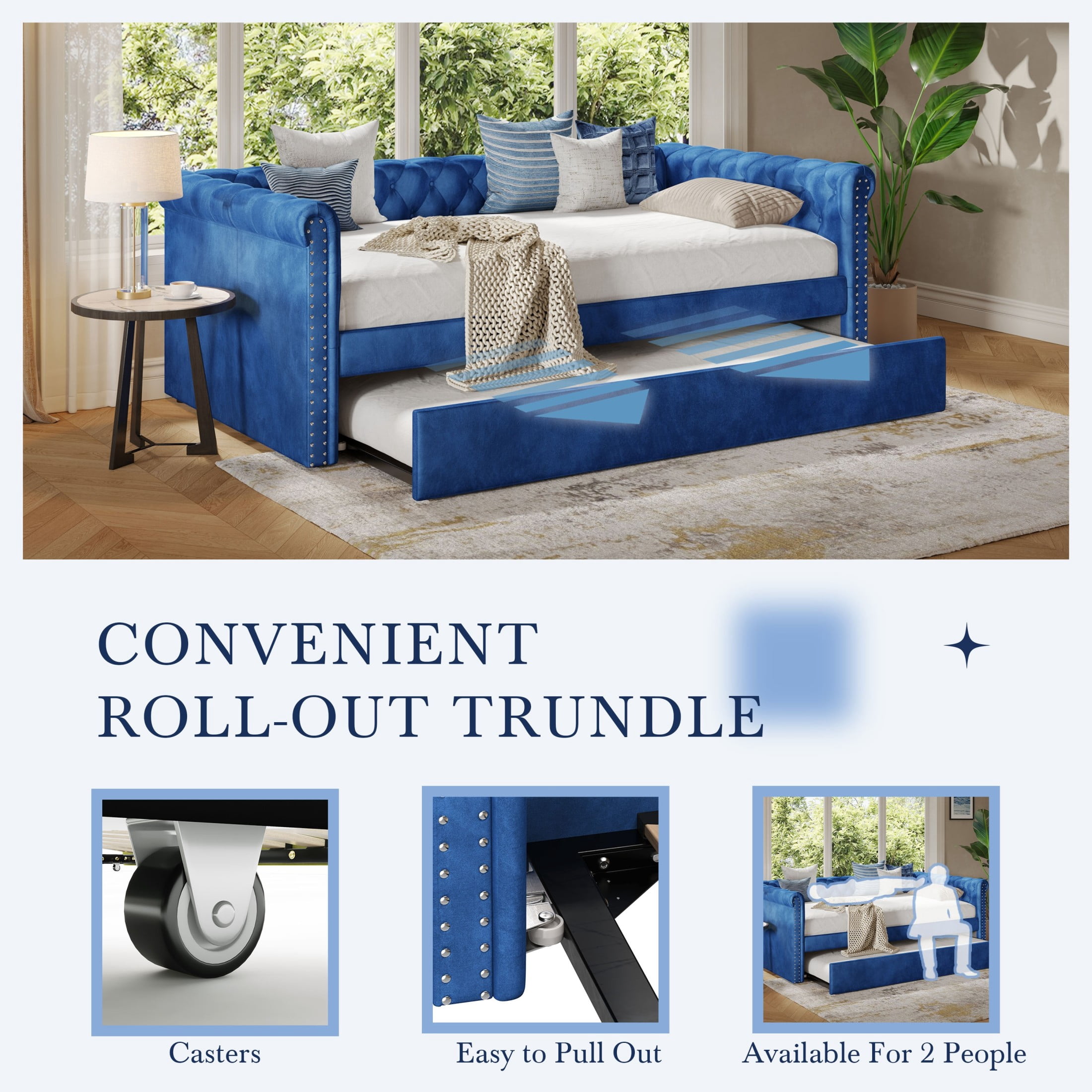 Christopher Knight Home Velvet Upholstered Daybed with Trundle, Modern Tufted Button Design, Blue