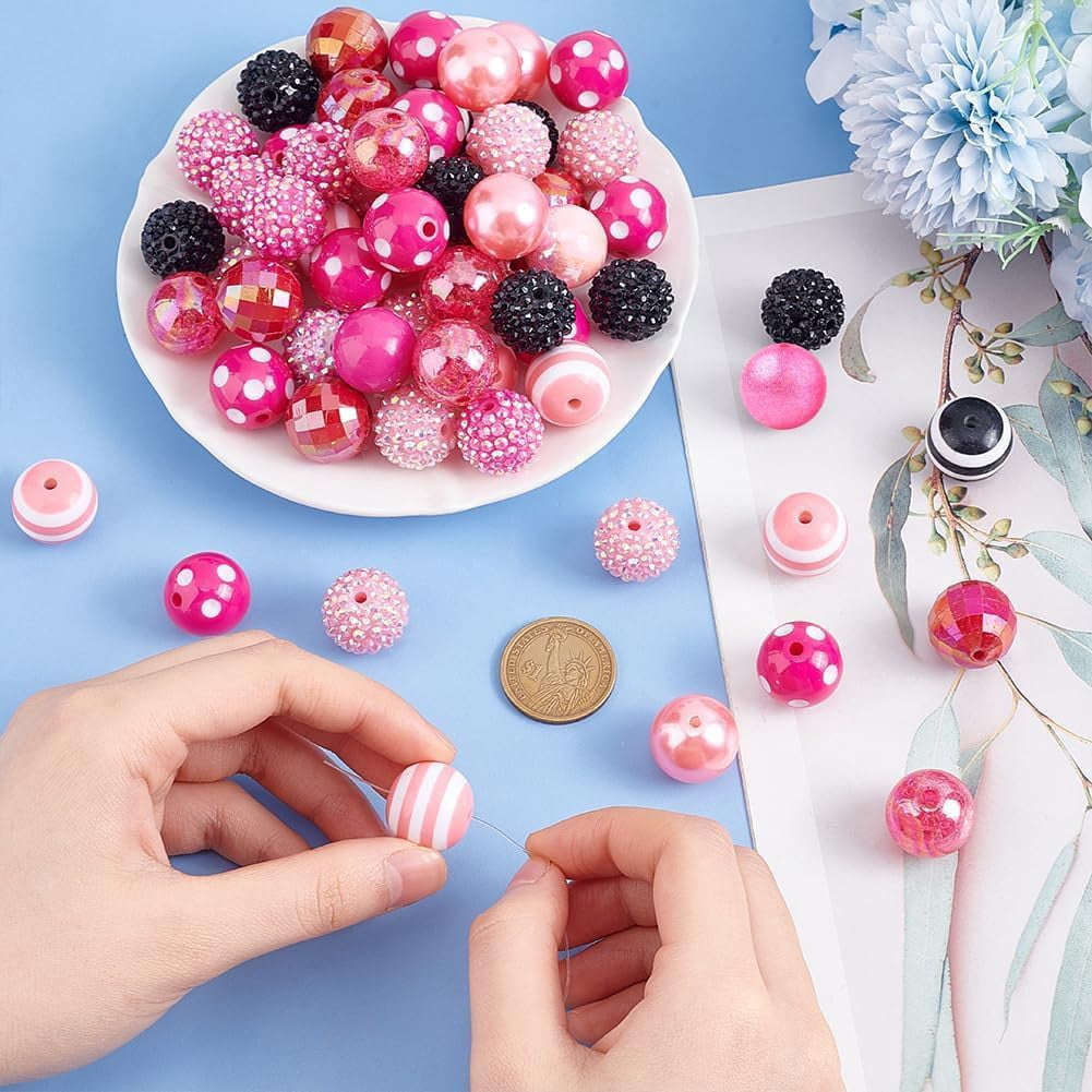 1 Set About 91 Pcs 14 Styles Pink Series Bubblegum Beads Kits 20mm Acrylic Round Chunk Beads Plastic Rhinestone Large Beads Imitation Pearl Beads for Pen Valentine Jewelry Making