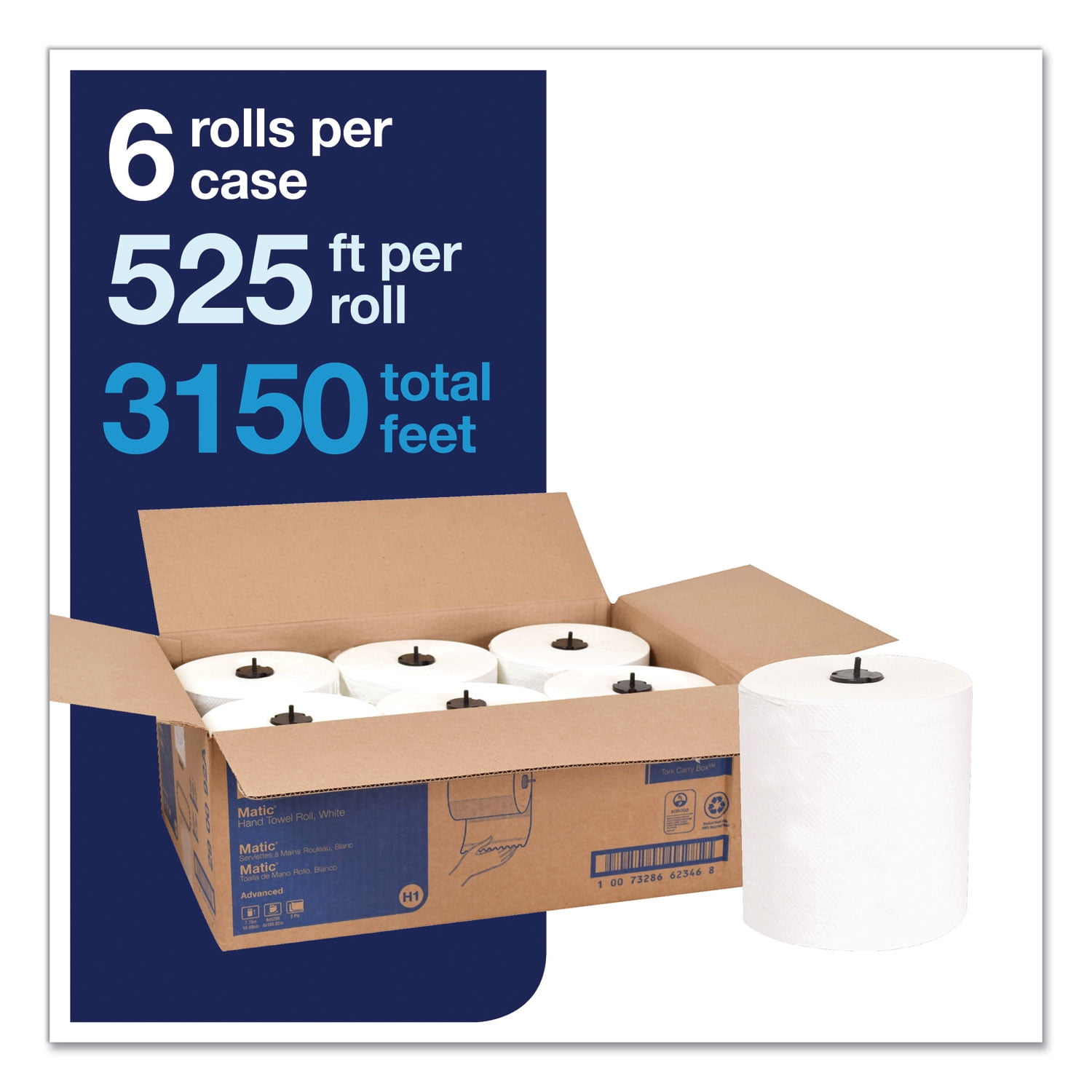 Tork® Advanced Matic Hand Towel Roll, 2-Ply, 7.7" x 525 ft, White, 643/Roll, 6 Rolls/Carton