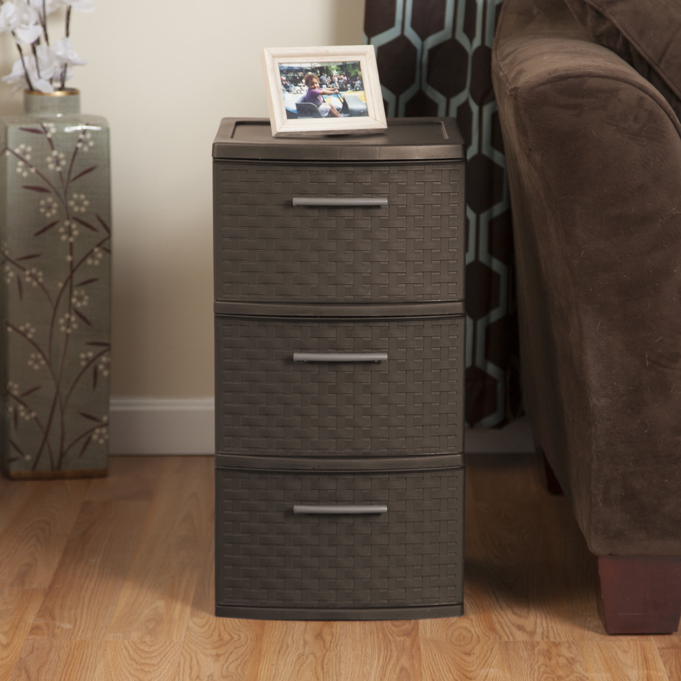 Sterilite 3 Drawer Weave Tower, Plastic Décor Drawers with Pull Handles, Brown