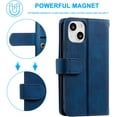 thumbnail image 6 of Wallet Case for iPhone 13 6.1 inch, Retro Matte 9 Card Holder Slots Zipper Pocket Case PU Leather Magnetic Closure Kickstand with Wrist Strap Folio Flip Case - Blue, 6 of 11