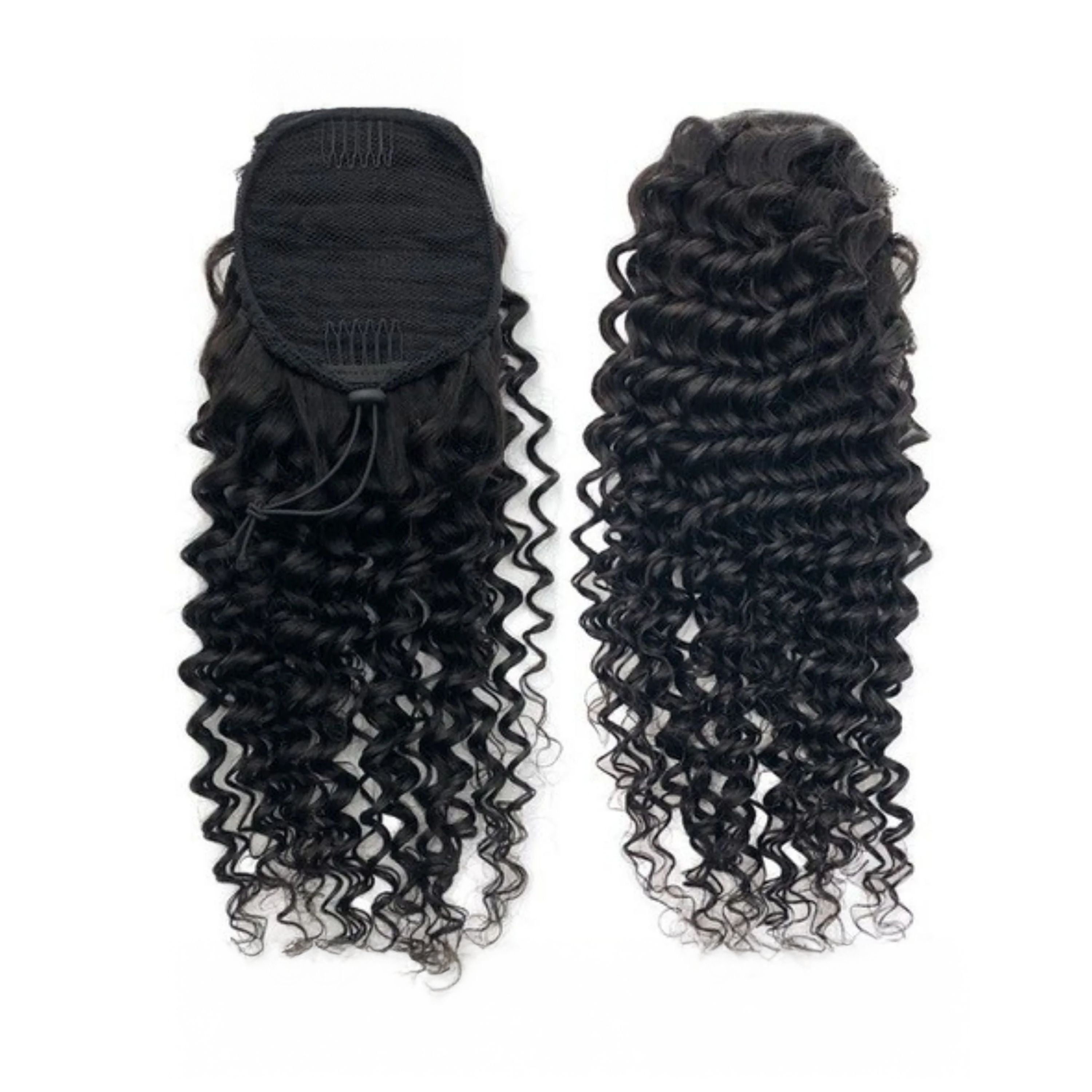 Belle Societe Deep Wave Drawstring Ponytail Extension, 20in, 140g, Color 1B, Non-Toxic, Organically Treated, Quick Easy Install