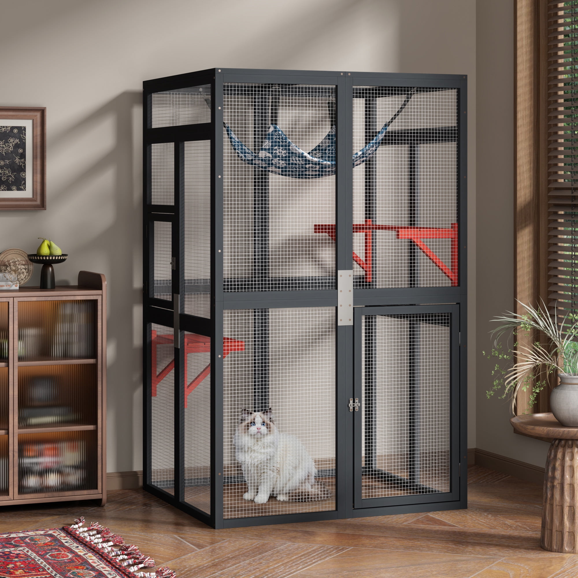 COZIWOW 64" Catio Outdoor Cat Enclosure Window Access with 3 platforms & hammock, Waterproof Roof Wooden Cat House Cage Indoor, Black