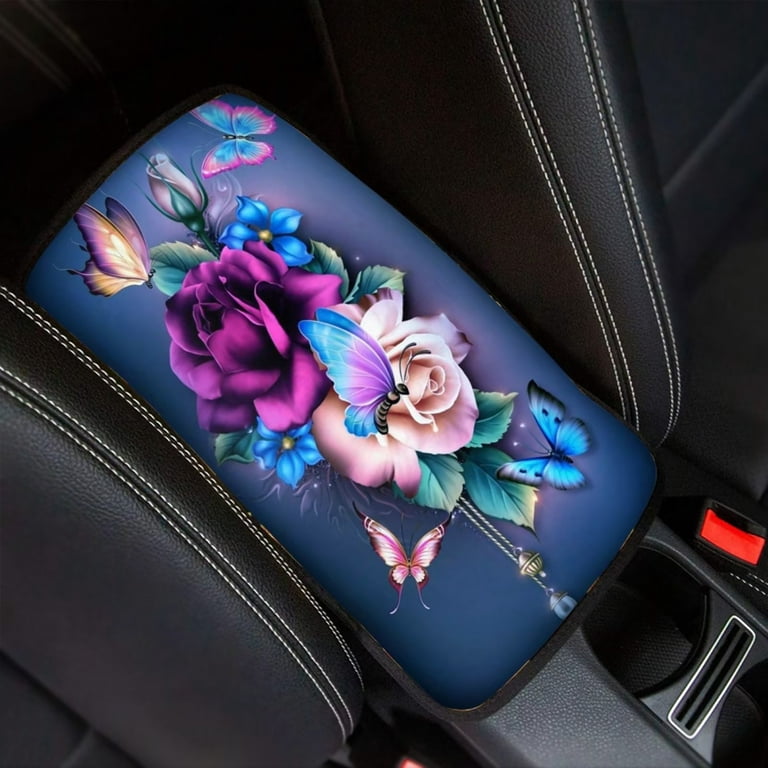 Binienty Auto Accessories Car Armrest Cover Height Pad Soft  Decorative,Butterfly Flower Car Armrest Cushion Protection Center Console  Armrest Pad