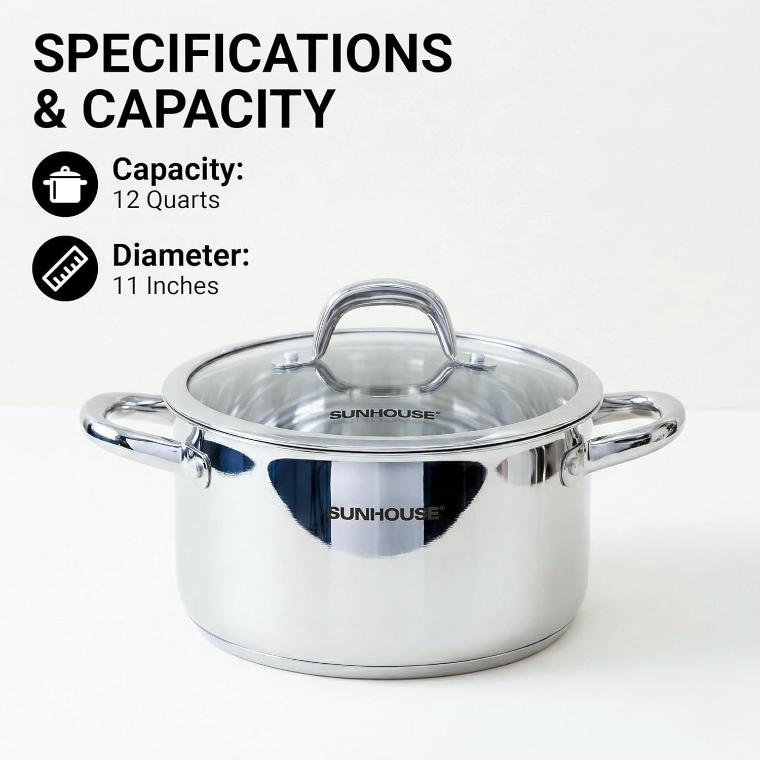 Sunhouse Professional 12-Quart Whole-Clad Multi-Ply Stainless Steel Stock Pot with Lid - Premium 18/10 - Induction Ready, Oven Safe Dishwasher Safe Cooking Pot