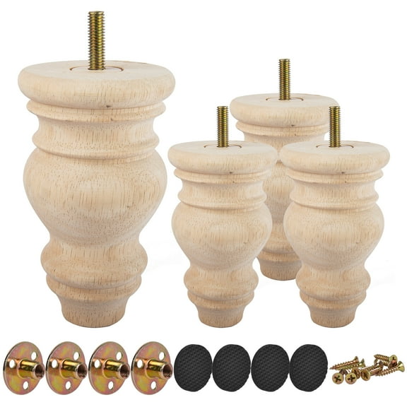 5 inch / 12cm Wooden Furniture Legs, Tchosuz Pack of 4 Unfinished Solid Wood Turned DIY Replacement Bun Feet with M8 Hanger Bolts & T-Nuts or Sofa Couch Cabinet Recliner Ottoman Riser
