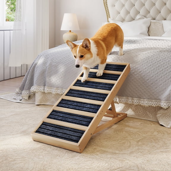 COZIWOW Adjustable Pet Ramp, Wooden Folding Dog Car Ramp with High Traction Mat, Portable Cat Ramp for Bed, Couch and Sofa, Natural