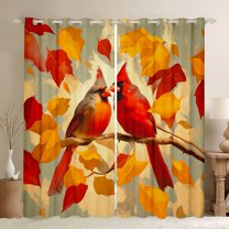Homewish Christmas Red Bird Blackout Curtains Set of 2 (52x84 Each) for Teens, Orange Rustic Leaf Window Curtains, Happy New Year Curtains and Drapes, Blackout Curtains Home Decor