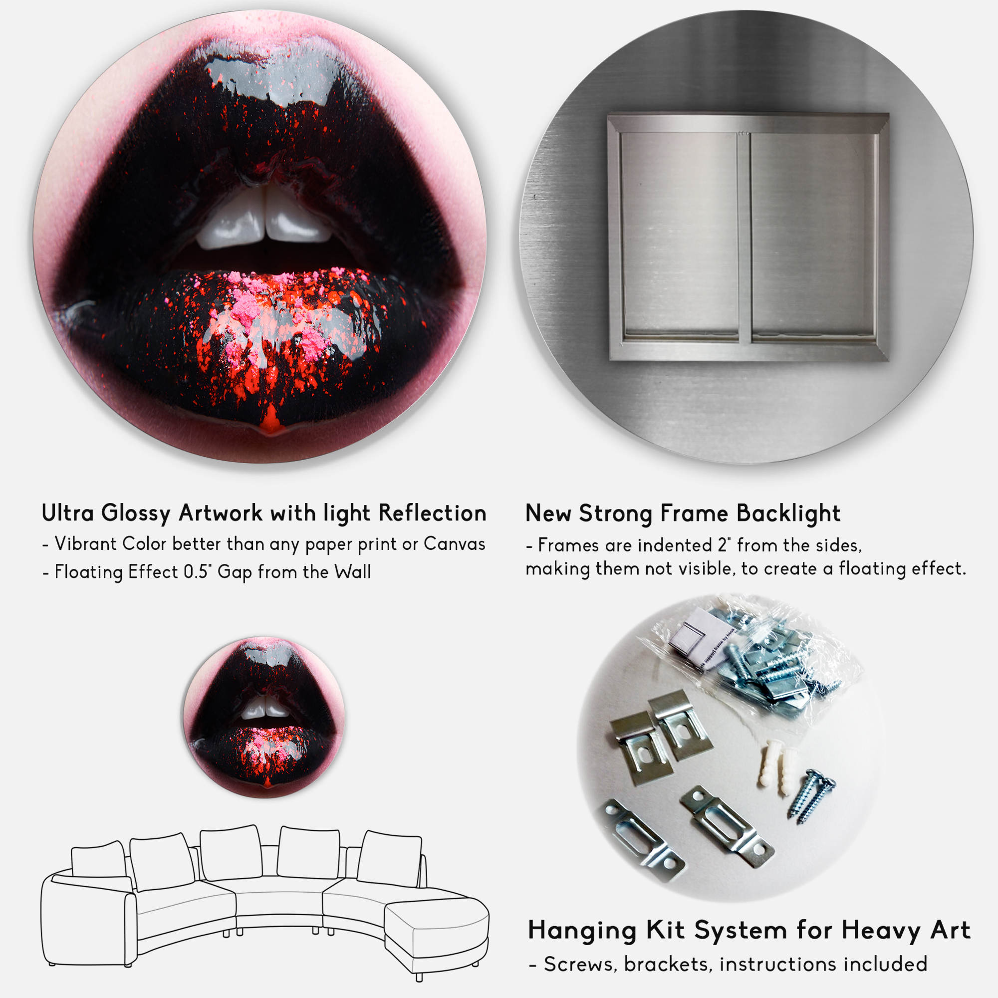 Designart 'Plump Woman Lips With Pink and Black' Modern Circle Metal Wall Art 29x29 - Disc of 29