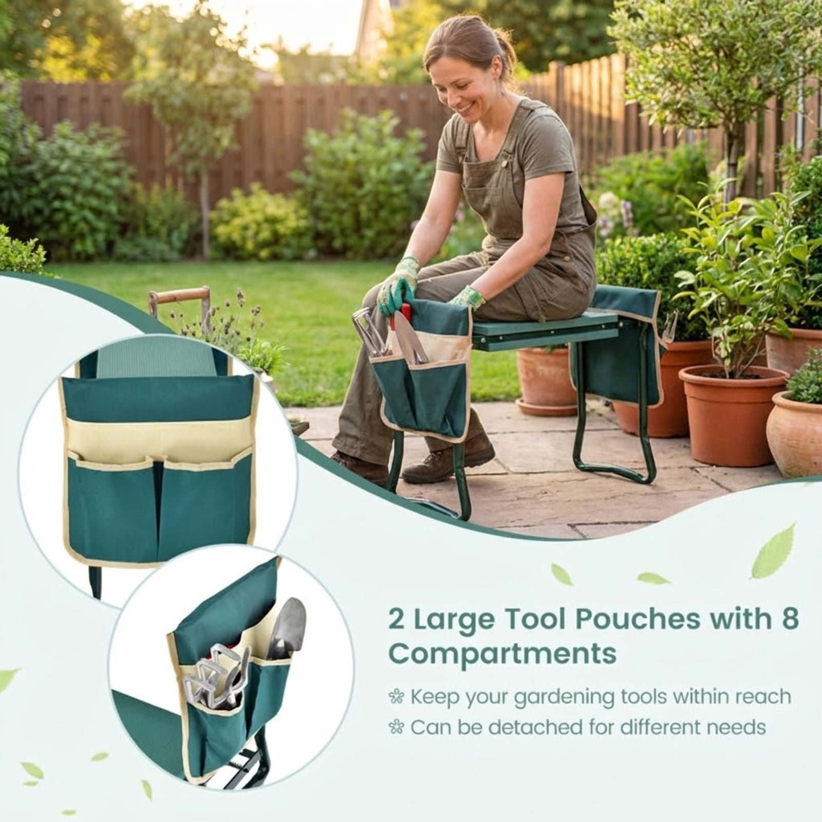 Biotree Folding Garden Kneeler and Seat Bench with EVA Foam Pad and Tool Pouches 330 lbs Capacity Steel Frame Green - Portable Outdoor Gardening Stool
