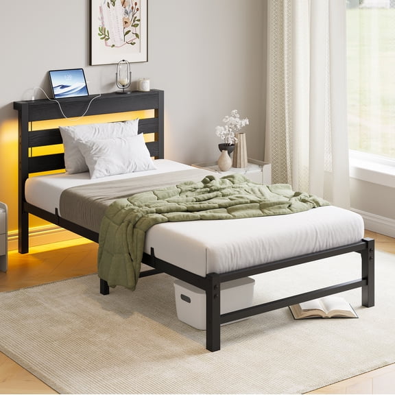 Mintazer Twin Size Bed Frame with LED Night Storage Headboard and USB Charging Station, 11" Black Duty Metal Platform Bed for Kids Childs Teens