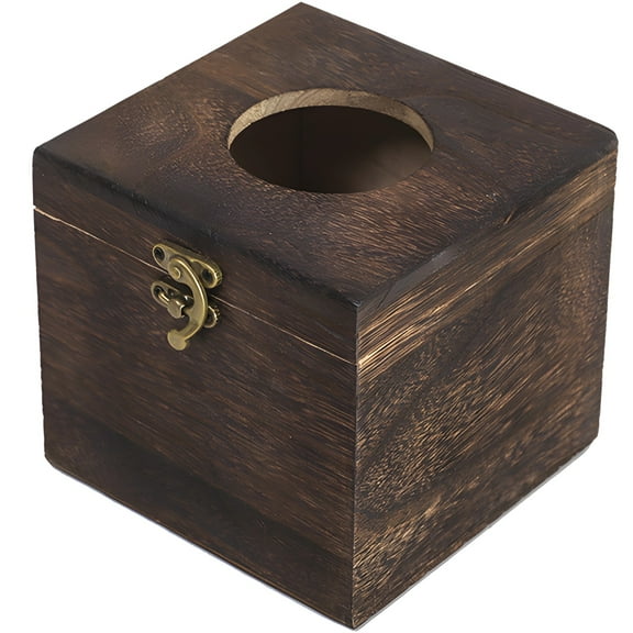 Wooden Tissue Box Cover, Decorative Square Facial Tissue Holder for Home Decor, Brass Clasp, Easy Access, Rustic Brown Finish