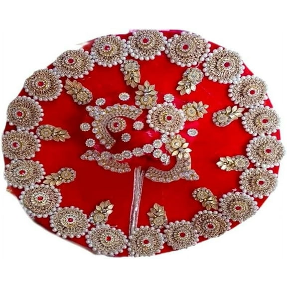Shree Krishna Heavy Embroidered Red Dress & Pagdi (Turban) Set Handstitched Bal Krishna Designer Dress-of Net-Satin Fabric for Indian Traditional Spritual Ornaments