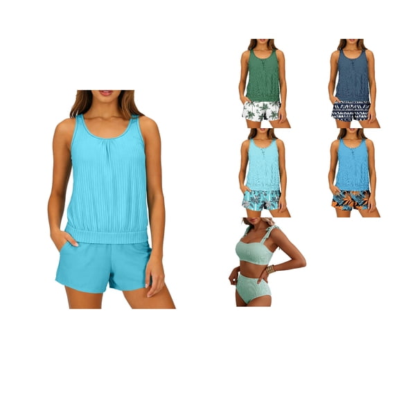 Antinious Women Solid Padded Modest Tankini Backless Bikinis Set Beach Shorts with Pocket Drawstring