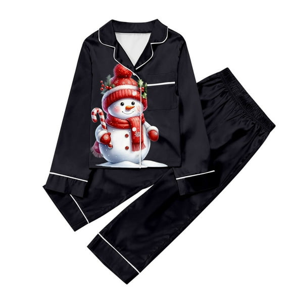 Tfken Christmas Girls Sleepwear Soft Fashion Snowman Print Long Sleeve Lapel Neck Shirts Pants Black Outfits Sets Size 3-4 Years