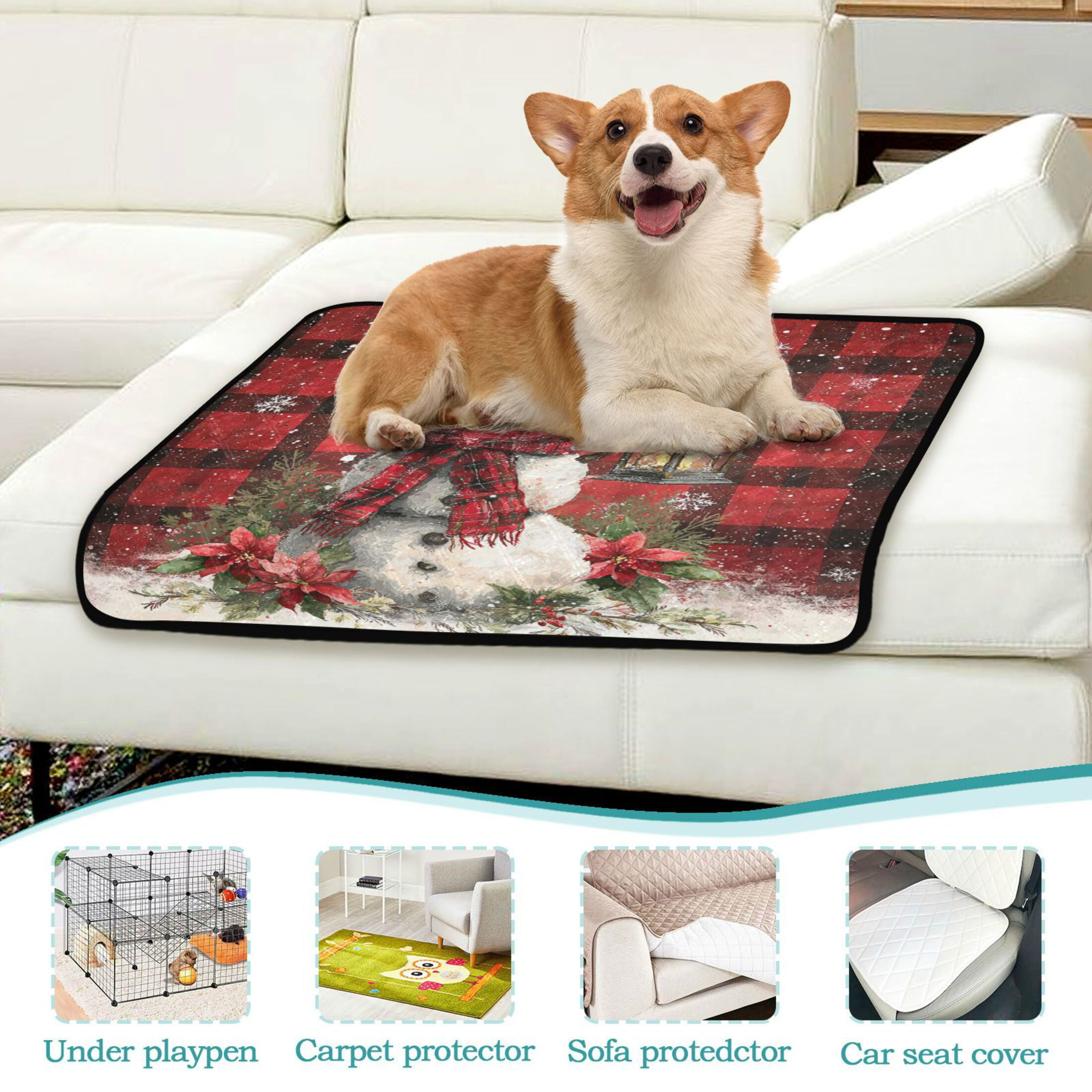 Qxltty Red Checkered Snowman Cat litter Pads Pet Set of 2 Diaper Mats Center Anti-leakage Layer Absorbent Soft and Comfortable