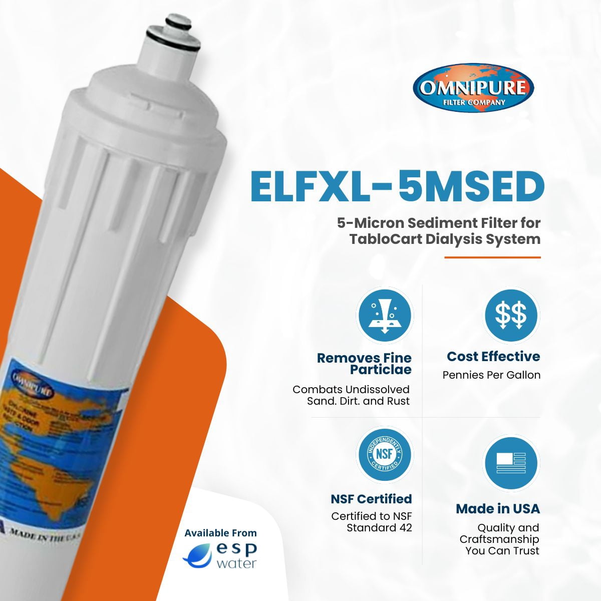 Omnipure Filter for TabloCart Dialysis System (ELFXL-5MSED) 5-Micron Sediment Filter