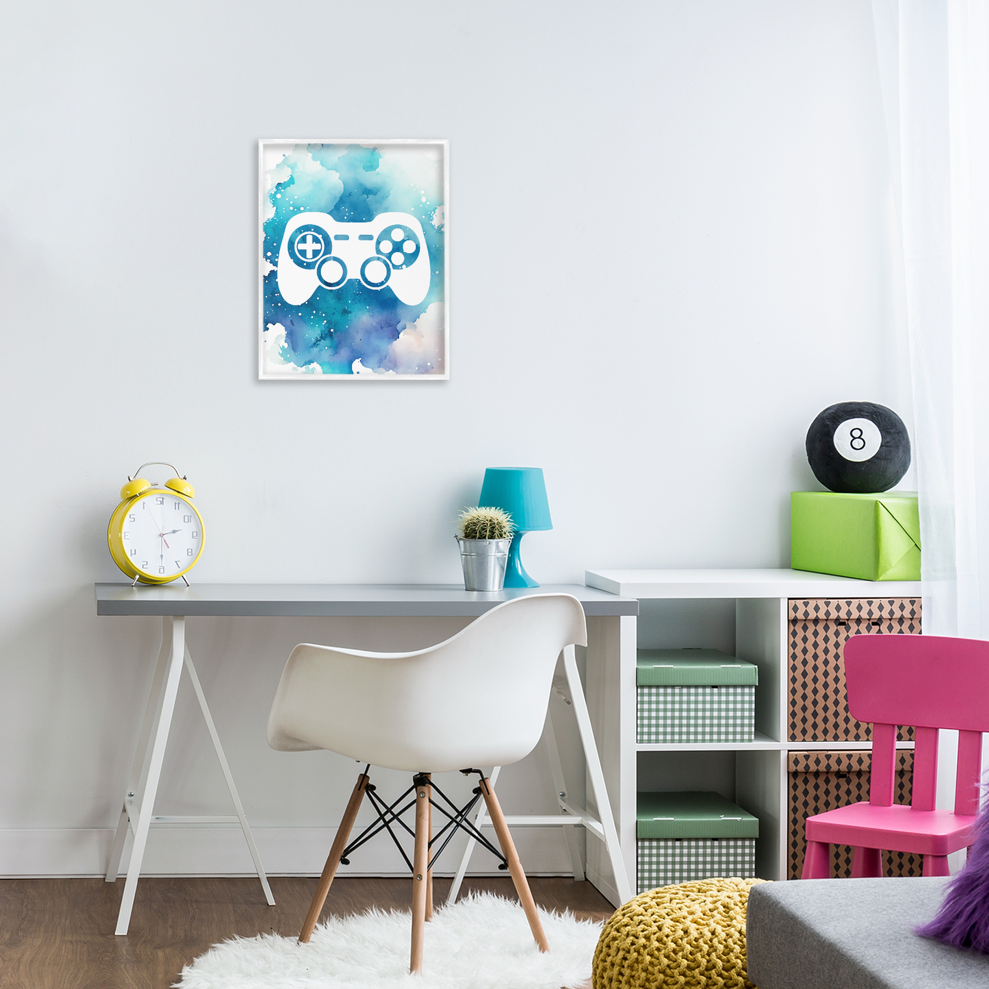 Blue Controller Splatter White Framed Giclee Art, design by Marcus Prime