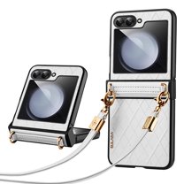 TECH CIRCLE for Samsung Galaxy Z Flip 5 Case, Luxury PU Leather Crossbody Case with Lanyard Shoulder Strap Slim Hinge Protection Shockproof Folding Cover for Samsung Galaxy Z Flip 5 2023,White