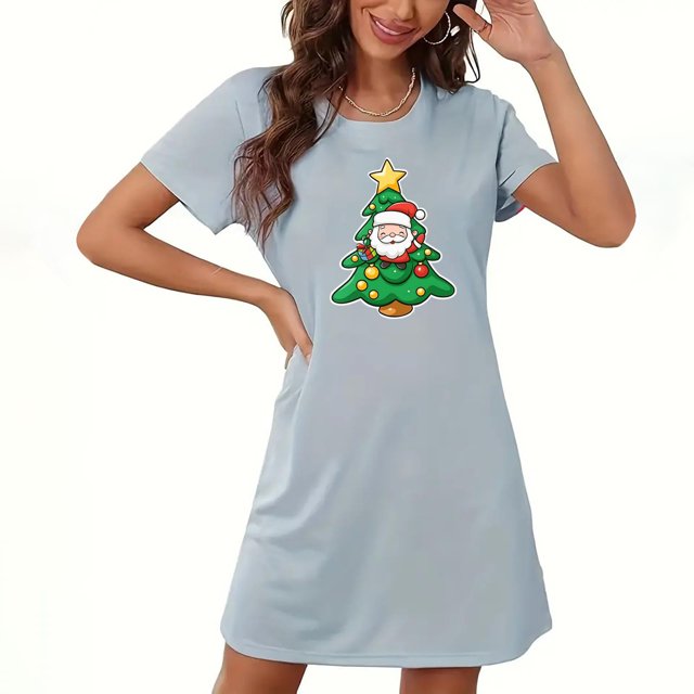 Camisón corto navideño para mujer, talla grande, cuello redondo, manga corta, estampado en el pecho, vestido de noche para mujer