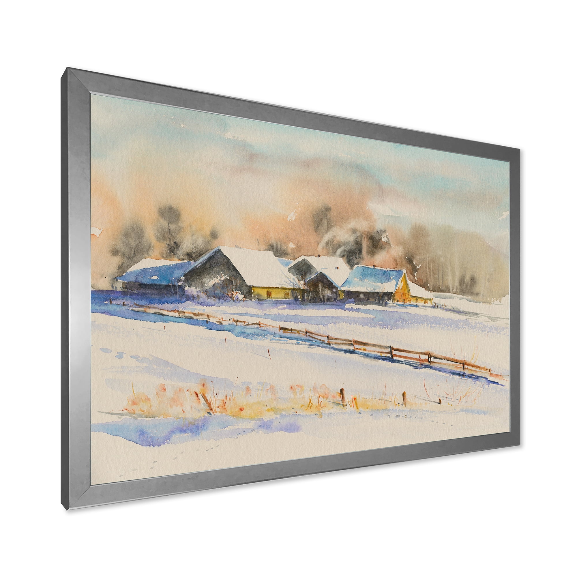 Designart 'Small VIllage At Evening Covered With Snow' Traditional Framed Art Print
