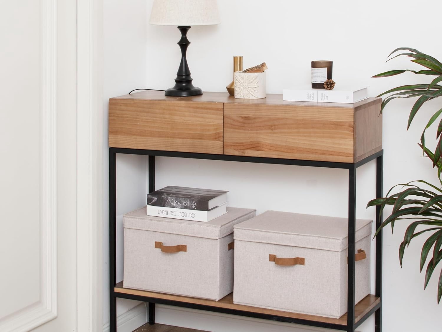 StorageWorks Fabric Storage Bins with Lid, Decorative Storage Boxes for Shelves with Handles, Jumbo, 2-Pack, Brown and Beige