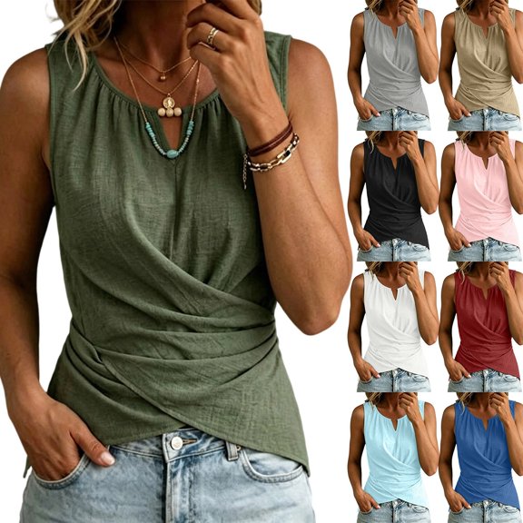 Omexry Cute Tops Women's Color Buttoned -Linen Sleeveless Top Ladies' Top Ladies' Tank Top