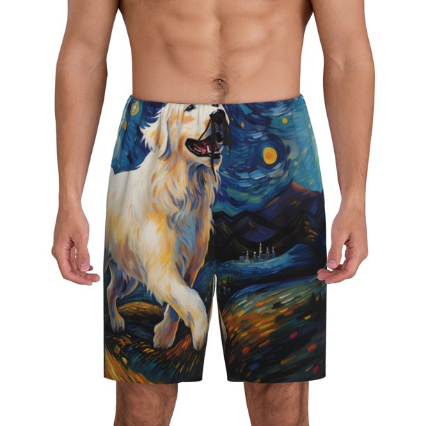 Balery Vintage Starry Sky Labrador A Pantalones cortos de pijama de punto de algodón para hombre con cinturilla y bolsillos-Large