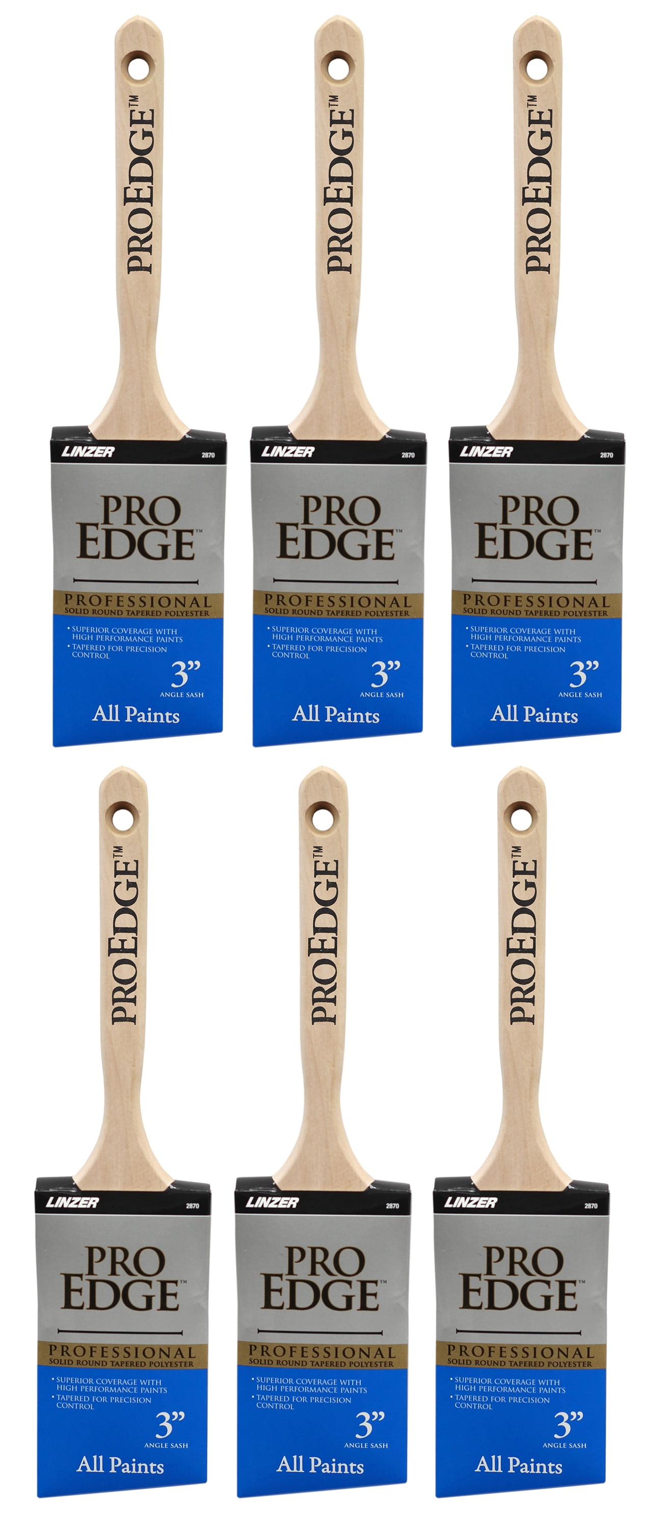 3" Linzer Pro Edge Polyester Blend Angle Sash Natural Wood Handle Household Paint Brush 6Pk