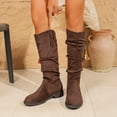 thumbnail image 2 of Boho Ethnic Slouchy Knee High Boots for Women 2025 Fringe Suede Slouch Low Heel Wide Calf Tall Boots Brown Size 6.5, 2 of 8