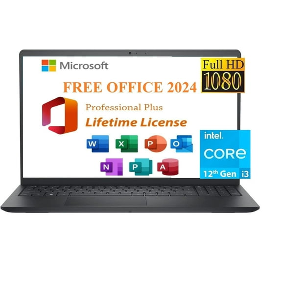 Dell 2024 Inspiron 15 Laptop, Free Microsoft Lifetime Office 2024 & Win 11 Pro, 15.6" FHD 1920 x 1080, Intel 6-Core i3-1215U Upto 4.4 GHz,16GB RAM, 256GB PCIe SSD,Webcam, Long Battery Life, Black