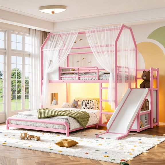 DTTRA Twin over Full Playhouse Metal Bunk Bed with Slide, Ladder, LED Light & Storage Cabinet, Pink