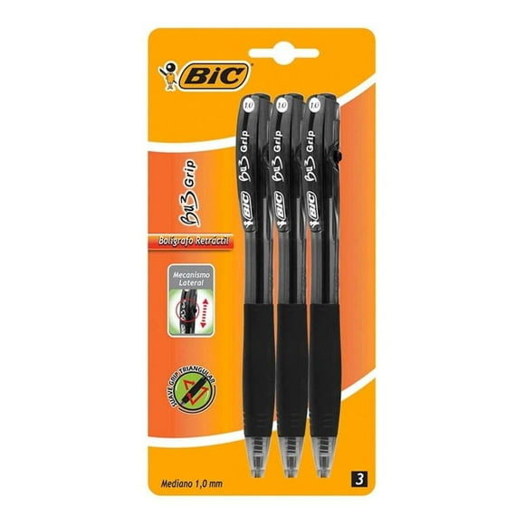 Bolígrafo Bic BU3 Grip Punto Mediano 1.0 mm Negro 3 Piezas