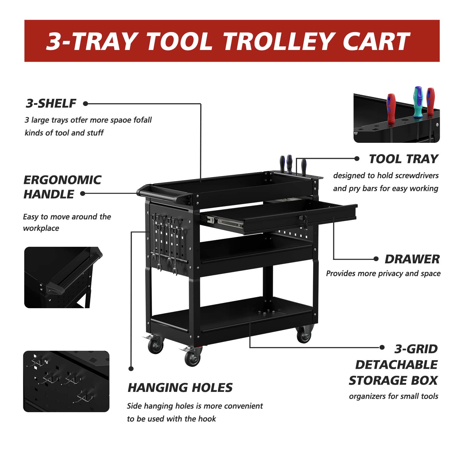 Odaof Big Tool Cart, 4-Wheel Tool Cart, Rolling Tool Cart, Big Tool Storage Cart, Tool Cart with Ball-Bearing Slides, Tool Cart & Tool Chest for Garage and Warehouse -Cool Black