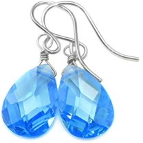 Sterling Silver Cubic Zirconia Earrings Faceted Pear London Blue Simulated Topaz Teardrops In Cz Simple Everyday Drops Designed for Adult Women 1.2"