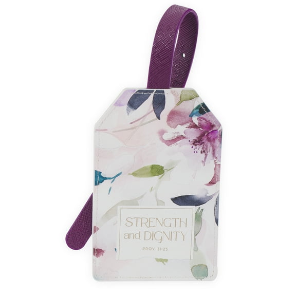 Christian Art Gifts Inspirational Vegan Leather Floral Scripture Luggage Tag for Women: Strength & Dignity - Baggage Accessory for Carry-On, Checked Bags, Backpacks, 4.8 X 3.1, White/Purple (Other)